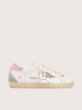 Super-Star pour femme avec étoile en cuir argenté et languette de talon rose