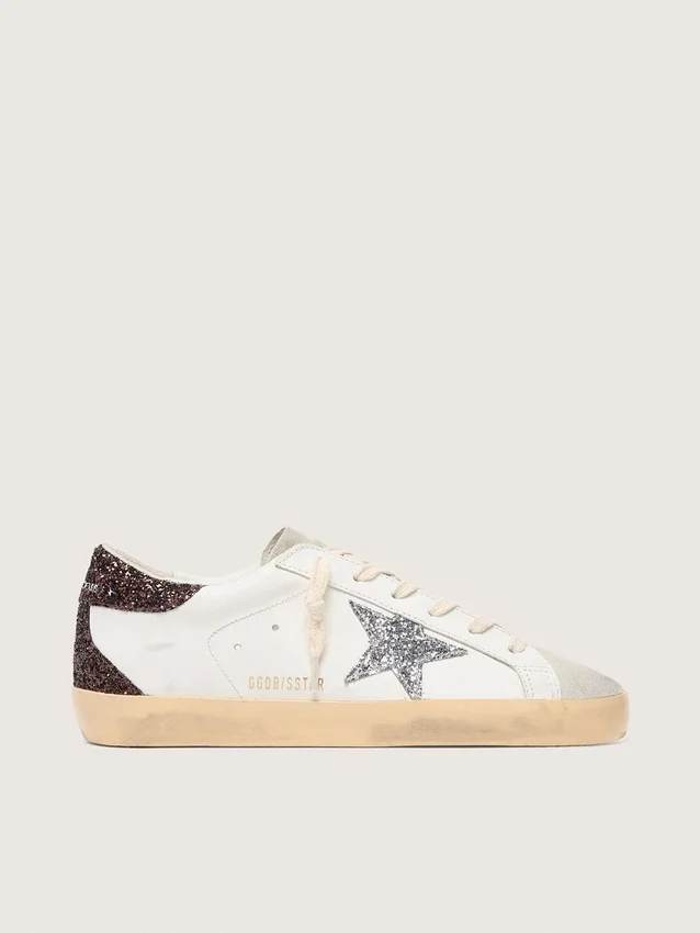 Super-Star pour femme avec étoile pailletée argentée et languette de talon pailletée marron