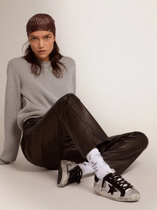 Super-Star pour femme en cuir argenté avec empiècements contrastés