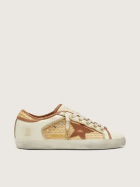 Super-Star pour femme en cuir blanc et raphia, avec étoile et empiècements rouge brique