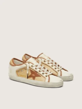 Super-Star pour femme en cuir blanc et raphia, avec étoile et empiècements rouge brique