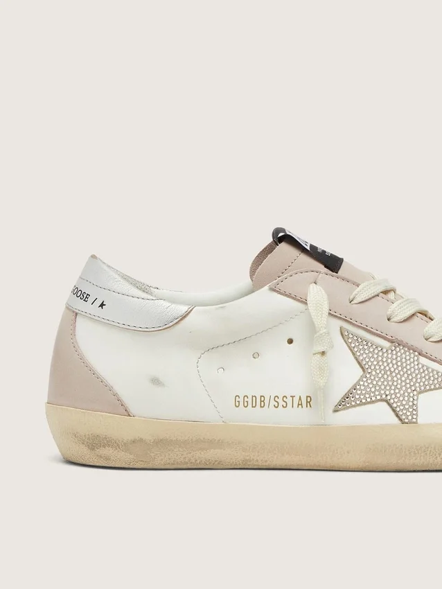 Super-Star pour femme en cuir blanc et rose poudré, ornée d’une étoile en cristaux Swarovski argentés