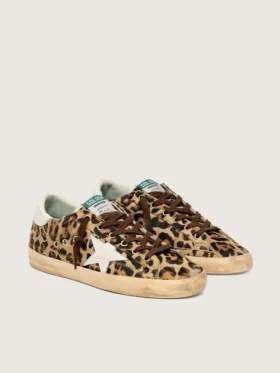 Super-Star pour femme en cuir de poney imprimé léopard avec étoile et languette de talon en cuir