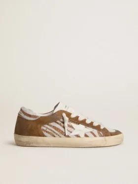 Super-Star pour femme en cuir de poney imprimé zèbre avec étoile en cuir et empiècements en daim marron