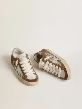 Super-Star pour femme en cuir de poney imprimé zèbre avec étoile en cuir et empiècements en daim marron