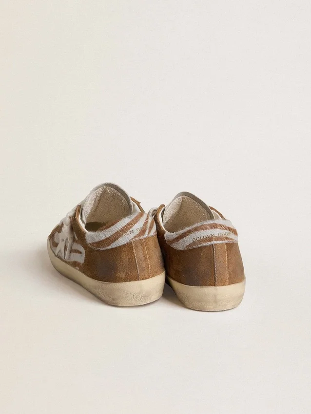 Super-Star pour femme en cuir de poney imprimé zèbre avec étoile en cuir et empiècements en daim marron