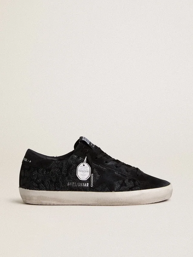 Super-Star pour femme en cuir de poney noir, ornée de cristaux Swarovski noirs et d’une étoile en daim noir