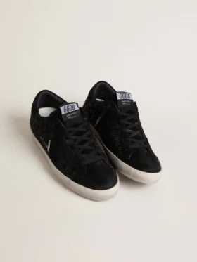 Super-Star pour femme en cuir de poney noir, ornée de cristaux Swarovski noirs et d’une étoile en daim noir