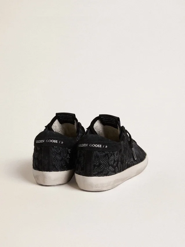 Super-Star pour femme en cuir de poney noir, ornée de cristaux Swarovski noirs et d’une étoile en daim noir