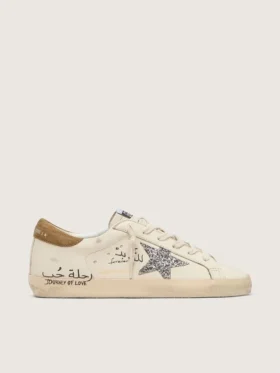 Super-Star pour femme en cuir nappa avec étoile pailletée argentée et lettrage sur toute la surface