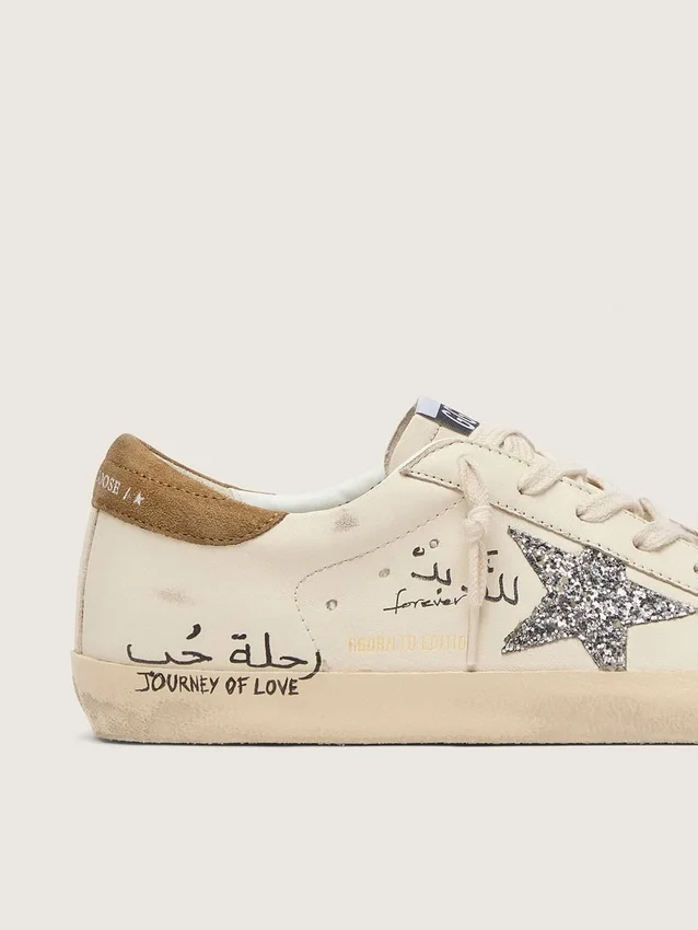 Super-Star pour femme en cuir nappa avec étoile pailletée argentée et lettrage sur toute la surface