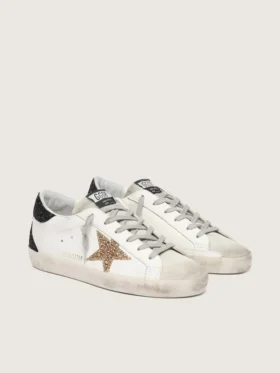 Super-Star pour femme en cuir nappa avec étoile pailletée dorée et languette de talon pailletée noire