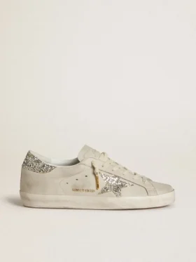 Super-Star pour femme en cuir nappa ivoire avec étoile pailletée platine et languette au talon