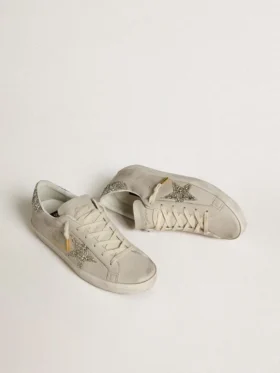 Super-Star pour femme en cuir nappa ivoire avec étoile pailletée platine et languette au talon