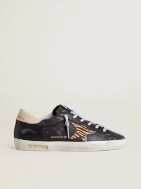 Super-Star pour femme en cuir nappa noir avec étoile en cuir de poney à imprimé zèbre et languette de talon en cuir beige