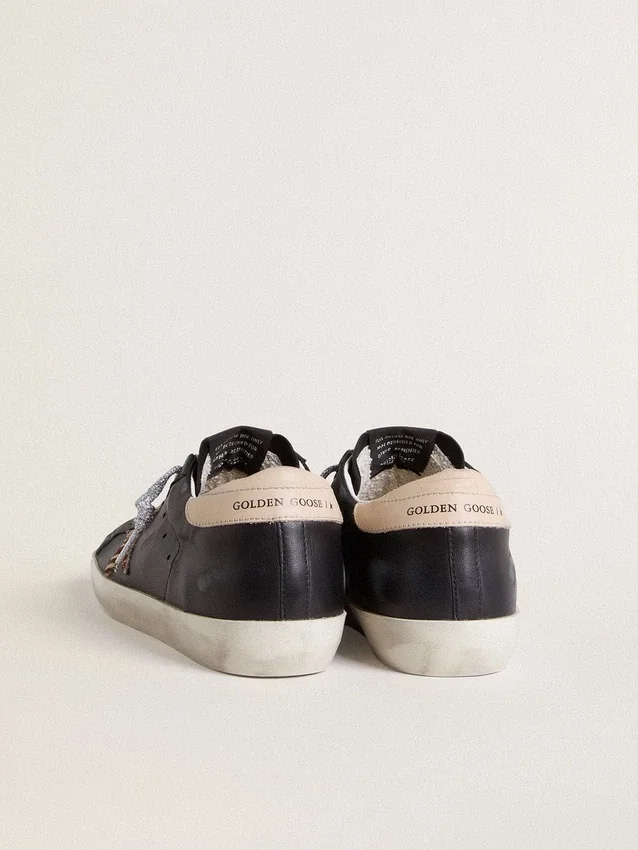 Super-Star pour femme en cuir nappa noir avec étoile en cuir de poney à imprimé zèbre et languette de talon en cuir beige