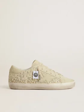 Super-Star pour femme en daim beige avec perles et cristaux Swarovski