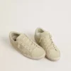 Super-Star pour femme en daim beige avec perles et cristaux Swarovski