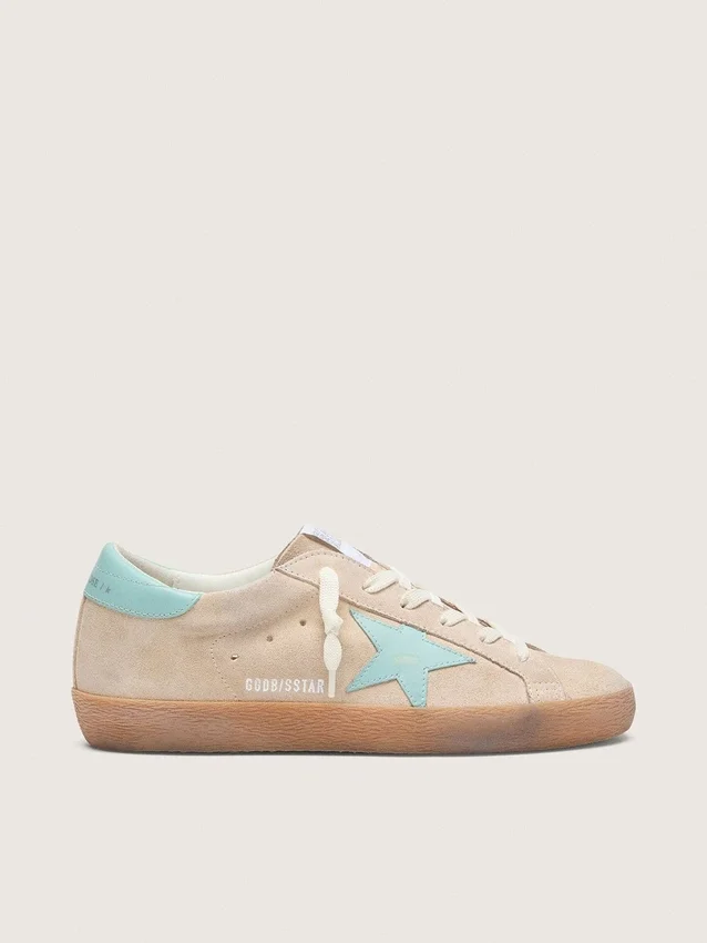 Super-Star pour femme en daim beige avec étoile vert d’eau