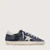 Super-Star pour femme en daim bleu avec étoile pailletée argentée et languette de talon en cuir