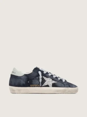 Super-Star pour femme en daim bleu avec étoile pailletée argentée et languette de talon en cuir