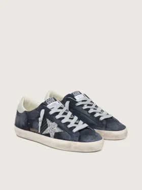 Super-Star pour femme en daim bleu avec étoile pailletée argentée et languette de talon en cuir