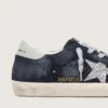 Super-Star pour femme en daim bleu avec étoile pailletée argentée et languette de talon en cuir