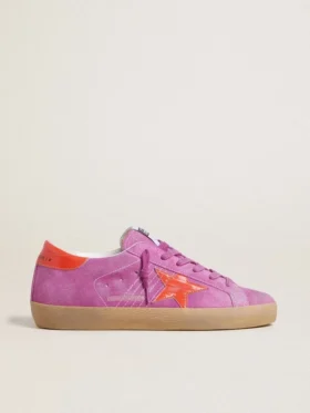 Super-Star pour femme en daim fuchsia avec étoile et languette de talon en cuir laminé orange fluo