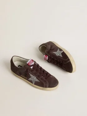 Super-Star pour femme en daim marron avec étoile pailletée argentée