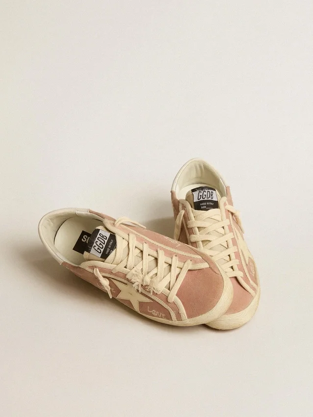Super-Star pour femme en daim rose poudré avec étoile en cuir crème