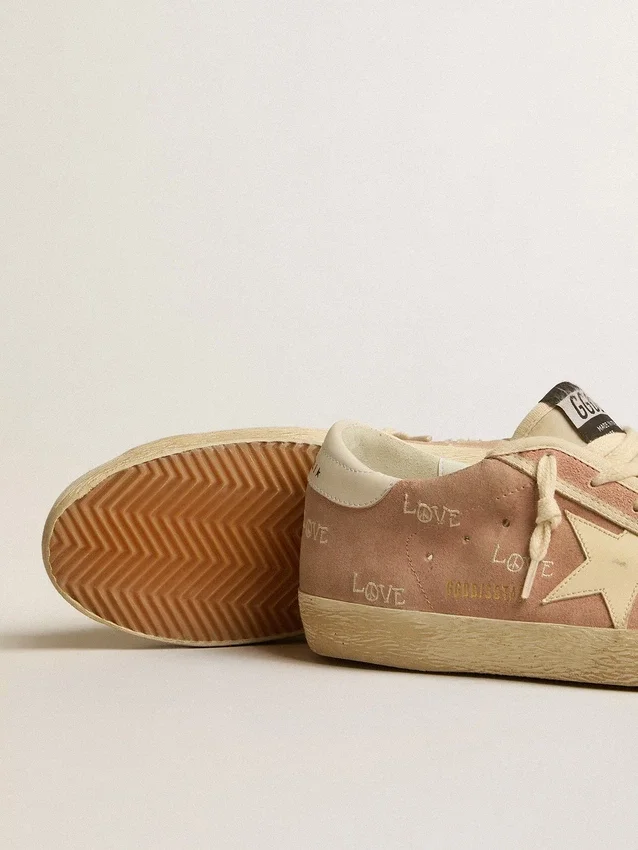 Super-Star pour femme en daim rose poudré avec étoile en cuir crème
