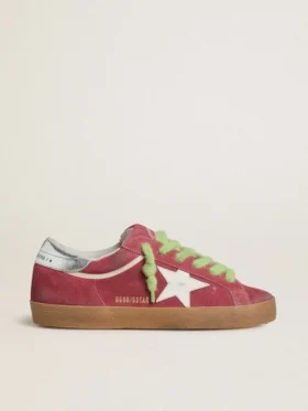 Super-Star pour femme en daim rouge avec étoile en cuir blanc et languette de talon en cuir argenté