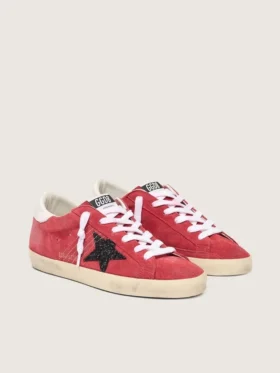 Super-Star pour femme en daim rouge avec étoile pailletée et languette de talon blanche