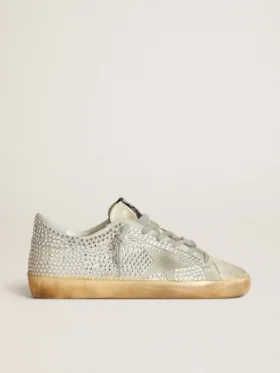 Super-Star pour femme en nubuck blanc vieilli, ornée de cristaux Swarovski