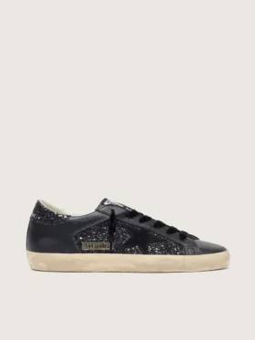 Super-Star pour femme en paillettes noires avec étoile en daim noir et empiècements en cuir
