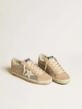 Super-Star pour femme, pailletée argentée, avec étoile et languette de talon en cuir