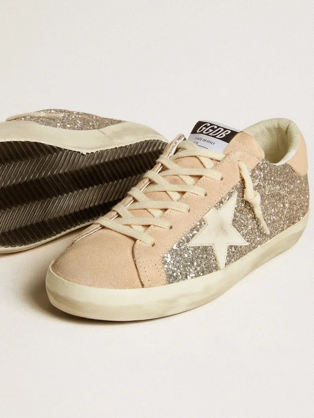 Super-Star pour femme, pailletée argentée, avec étoile et languette de talon en cuir