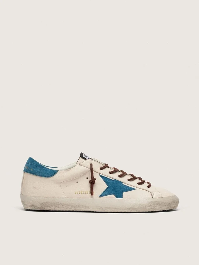 Super-Star pour homme en cuir blanc avec étoile en daim turquoise