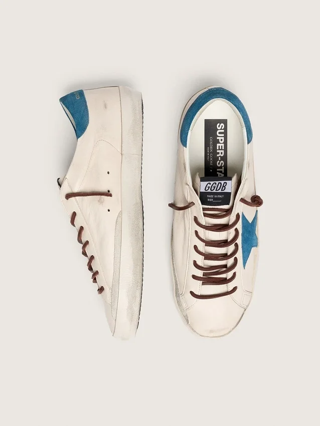 Super-Star pour homme en cuir blanc avec étoile en daim turquoise