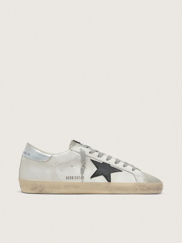 Super-Star pour homme en cuir blanc avec étoile en nubuck noir et languette de talon en cuir métallisé argenté