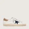 Super-Star pour homme en cuir blanc avec étoile en toile bleu nuit et languette de talon en cuir tabac