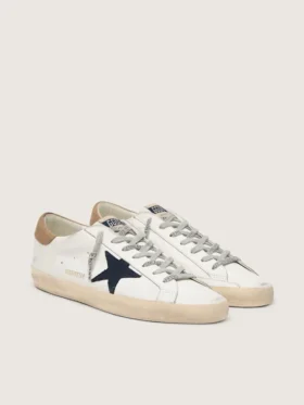 Super-Star pour homme en cuir blanc avec étoile en toile bleu nuit et languette de talon en cuir tabac