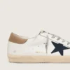 Super-Star pour homme en cuir blanc avec étoile en toile bleu nuit et languette de talon en cuir tabac