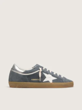 Super-Star pour homme en daim gris avec étoile en cuir blanc et languette de talon en cuir argenté