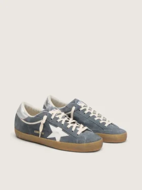 Super-Star pour homme en daim gris avec étoile en cuir blanc et languette de talon en cuir argenté