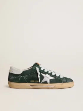 Super-Star pour homme en daim vert avec étoile en cuir métallisé argenté et languette de talon en cuir