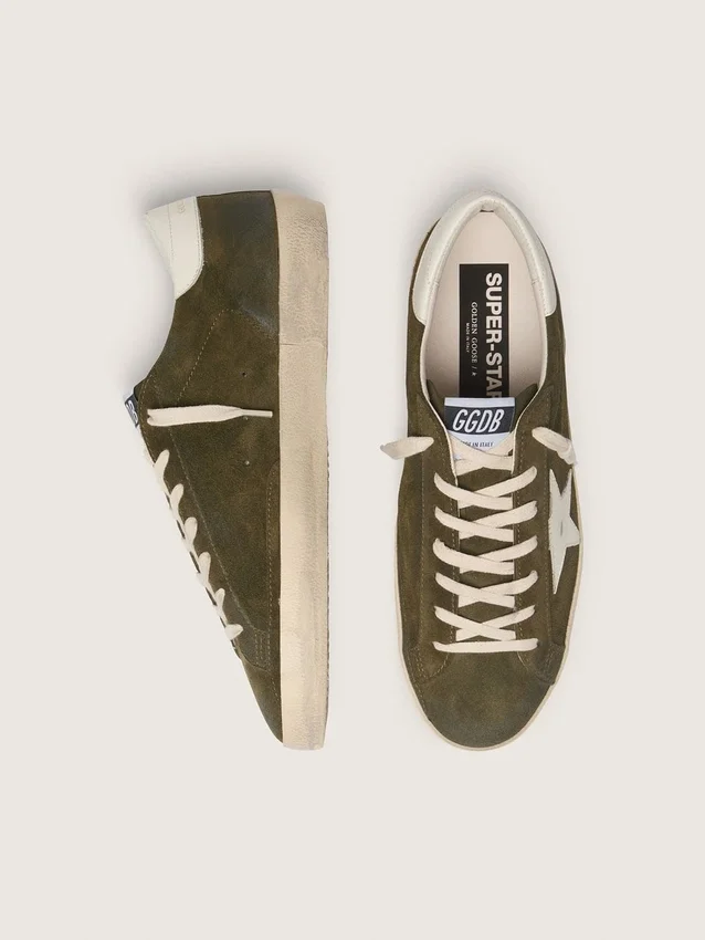 Super-Star pour homme en daim vert olive avec étoile en cuir blanc