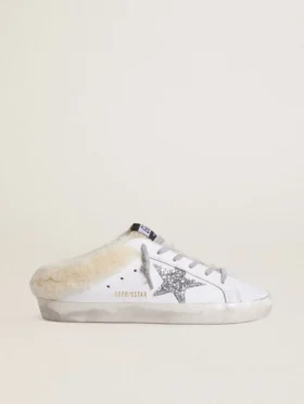 Super-Star Sabot en cuir blanc avec doublure en peau de mouton et étoile argentée