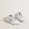 Super-Star Sabot en cuir blanc avec doublure en peau de mouton et étoile argentée