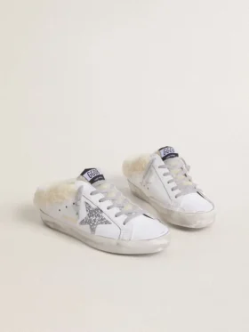 Super-Star Sabot en cuir blanc avec doublure en peau de mouton et étoile argentée